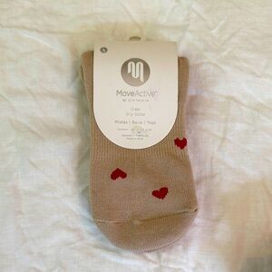 NWT Move Active Pilates grip socks.beige w/red hearts. Small.